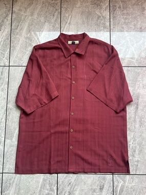 Tommy Bahama Mens Maroon 100%Silk Jacquard Weave Embroidered Palm S/S ButtonUp L